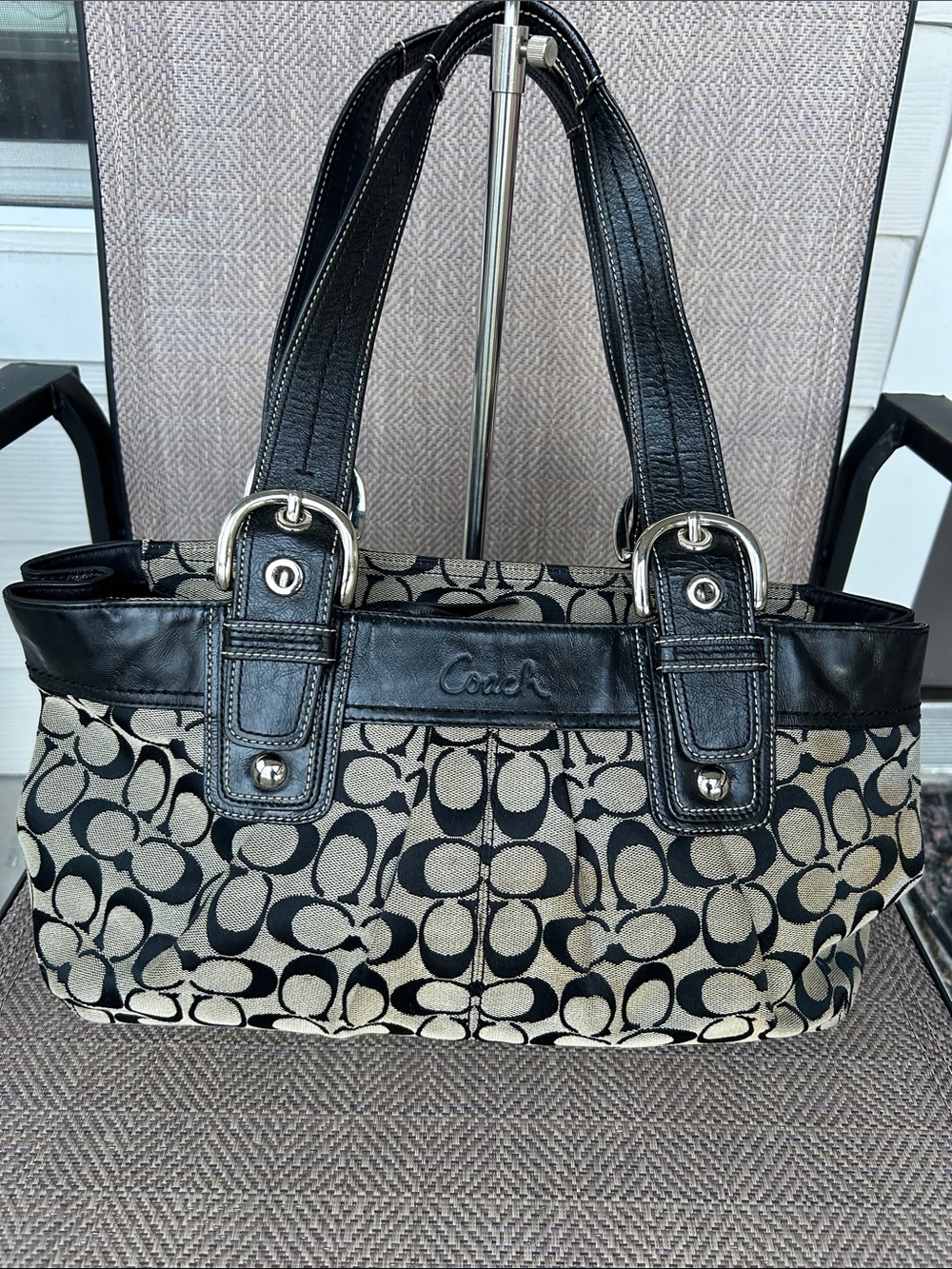 Coach F13742 Soho Black Pleated Leather Trim Signature Canvas Shoulder Bag.